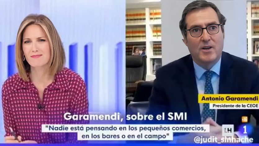 Silvia Itxaurrondo, periodista de TVE y Antonio Garamendi, presidente de la CEOE